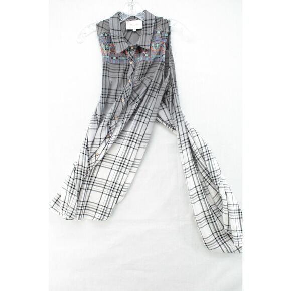 Miss Me Shirt Dress Medium Gray Embroidered Ombre Boho Flannel High Low Tunic - Picture 6 of 7